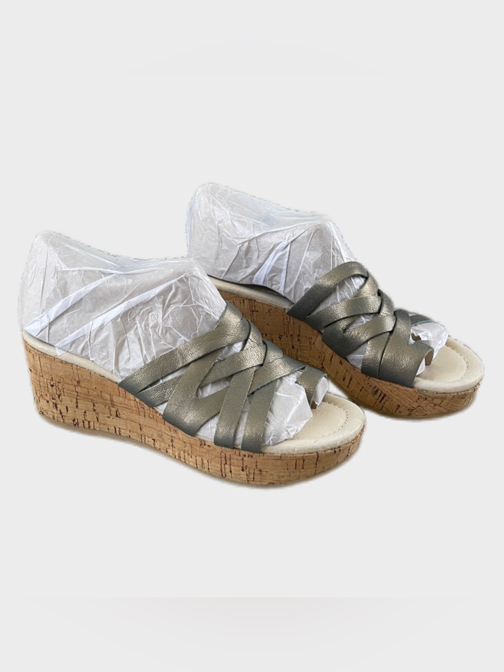 Donald J Pliner Selma Iridescent Pewter Cork Wedge Sandals 5M Metallic Bronze